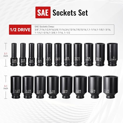Reniteco 25-Piece 1/2" Drive Socket Set, SAE 3/8"-1-1/2", 6-Point, Cr-V - size: 1/2"-25 PCS