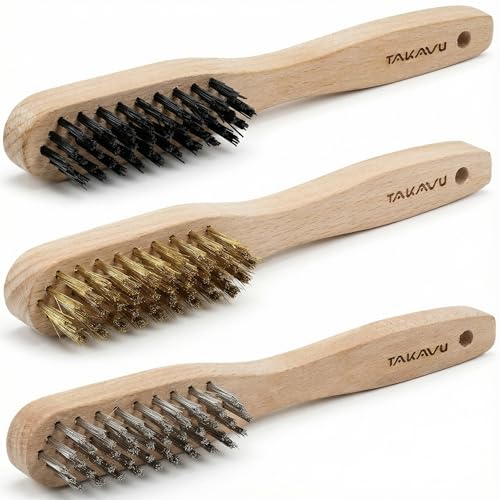 TAKAVU Wire Brush Set, 3 Piece, Stainless Steel, Brass & Nylon Bristles