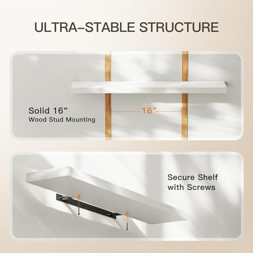AMADA HOMEFURNISHING Floating Shelves Wall Mounted, 32 x 7 Inch Wall Shelves for Bathroom, Bedroom, Living Room, White Shelves Set of 2 | Wall Shelves with Hidden Bracket, Solid MDF Wood, 22 lbs Max Load per Shelf, Easy to Assemble, Multi-Wall Compatible