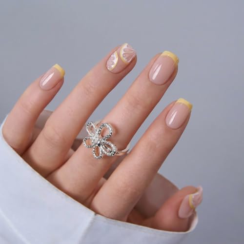 CurvLife Short Square French Tip Press On Nails, Crystal Whisper - color: Lemon Glaze