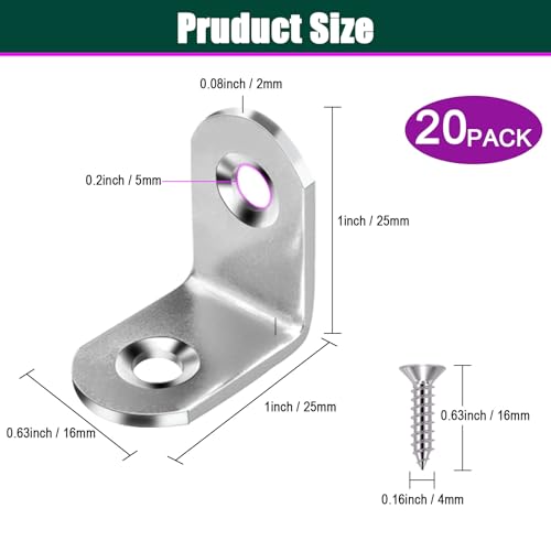 20 PCS Corner Braces 25mm x 25mm Stainless Steel 90 Degree Joints Right Angle Bracket L Shaped Corner Brackets Fastener for Wood Furniture, Screws Included - size: 25*25mm/ 1in