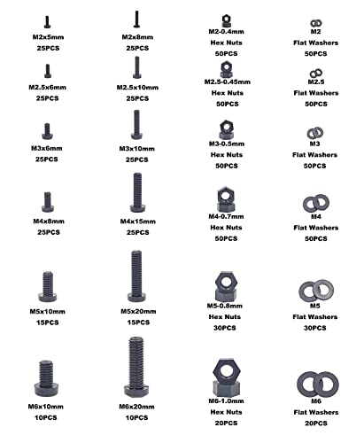 750PCS Metric M2 M2.5 M3 M4 M5 M6 Nylon Phillips Pan Head Screws Hex Nuts Flat Washers Assortment Kit(Black) - size: M2, M2.5, M3, M4, M5, M6