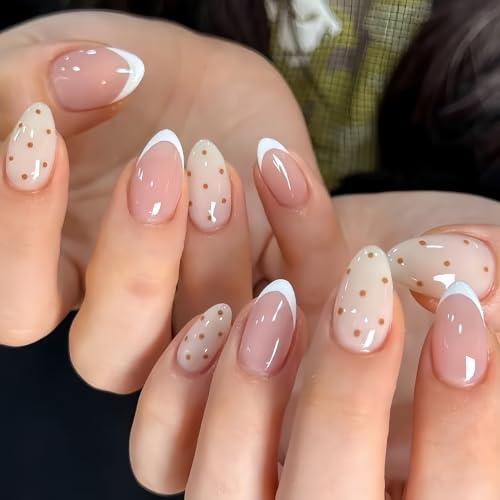 Short Almond Press On Nails, French Tip Brown Polka Dot, 32Pcs - color: 65-Polka French Charm