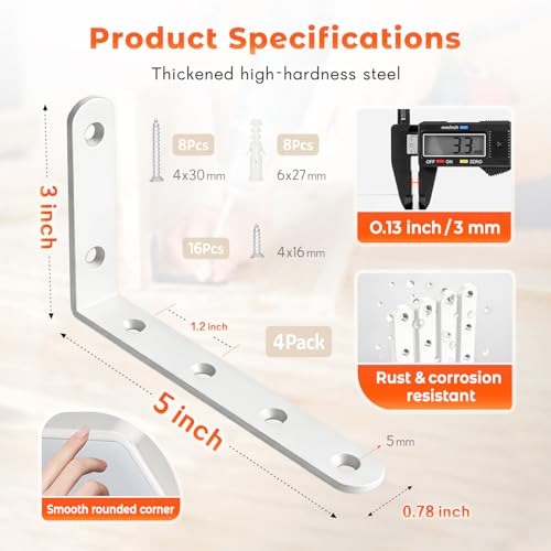 Shelf Bracket 4 Pack 5" Lx3 H 5mm Thick Heavy Duty White L Brackets - color: White-4pack, size: 5"Lx3"Wx0.78"W