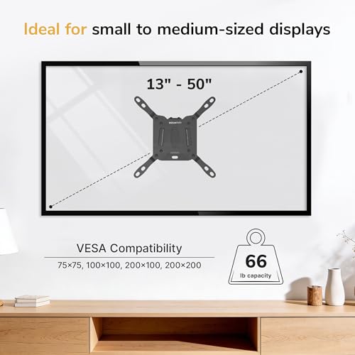 Mount-It! Fixed TV Wall Mount, Ultra Low Profile 0.94", Fits 13–50" TVs & Monitors up to 66 lbs, VESA 75x75–200x200, Flush Mount, Single Stud, Small Flat TV Wall Bracket for Bedroom & Office - size: 24" - 50" Screens