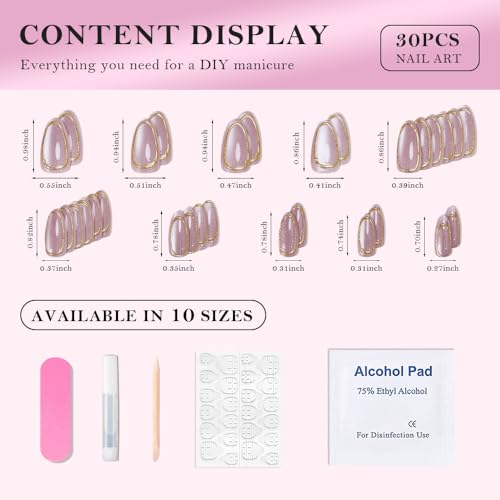 3D Gold Line French Tips Press On Nails Medium Almond, Gold French Tip Cat Eye Press-On Nails, Designer Reusable Acrylic Fake Nail With Glue On Nails, Nails Press Ons False Nails For Women - color: YC-323, size: 24 Pieces (Pack of 1)