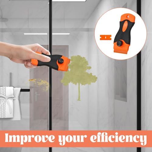Plastic Scraper Tool with 10 Razor Blades, Orange and Black, Anti-Slip Grip Handle, Paint and Adhesive Remover for Glass Window Car Surface, 4.3 Inch Length