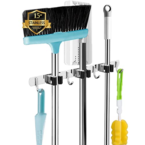 AceMining Broom Holder Wall Mount, 3 Racks 4 Hooks Heavy Duty Mop Organizer - color: 3 Racks & 4 Hooks (Silver) - 1 Pack
