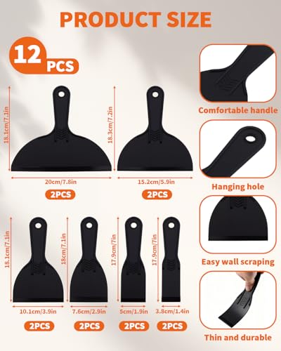 18 PCS Plastic Putty Knife, Includes 12 Plastic Putty Filler Knife and 6 Scrapers Tool, Flexible Putty-Scraper for Spackling, Repairing Drywall, Removing Wallpaper, Applying Mud or Plaster