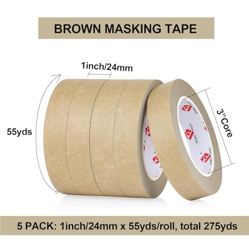 BOMEI PACK Brown Painters Tape 1 Inch Bulk - Paint Tape 5 Rolls x 1 Inch x 55 Yards - Brown Masking Tape for Walls Painting, DIY Crafting, and School Projects, Total 275 Yards - color: Brown