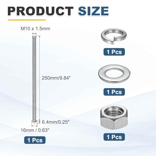 MECCANIXITY M10 x 250mm 304 Stainless Steel Hex Head Screws Bolts, Nuts, Flat & Lock Washers Assortment Kit, Fully Threaded, Bright Finish for Home, Electronic, Machine, 1 Sets - size: M10 x 250mm