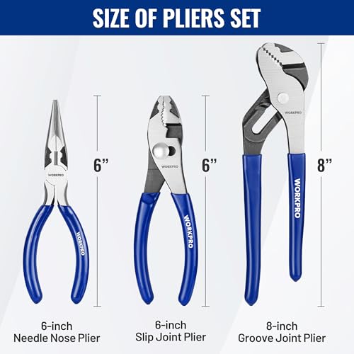 WORKPRO Pliers Set, 3-Piece Plier Tool Set with Soft Handle - color: Blue