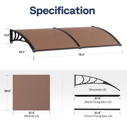 VIVOHOME Polycarbonate Window Door Awning Brown 38 Inch x 78 Inch - color: Brown, size: 38 Inch x 78 Inch