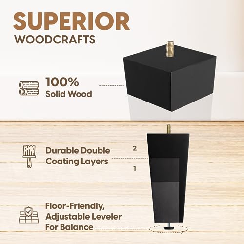Yes4All 6-Inch Square Black Solid Wood Furniture Legs Set of 4, Heavy Duty 800 lbs Capacity, Adjustable Levelers, Replacement Furniture Legs for Couch, Sofa, Dresser, Ottoman, Chair, and Bed - color: Square Black, size: 6 inch