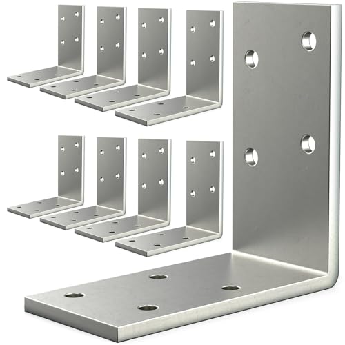 Yuleimy L Brackets for Wood, 3x3 Inch Galvanized Corner Braces, 8 PCS | 90° corner mount, 3×3×1.5 in. silver steel reinforces joints in shelves, furniture, frames, and posts; screws not included.