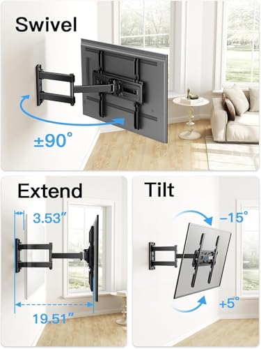 Pipishell Full Motion TV Wall Mount for Most 26-65 inch Flat & Curved TVs up to 77 lbs, Adjustable Bracket Height, Corner TV Mount with Single Articulating Arm, Max VESA 400x400mm, PIMF9 - style: Fits 26-65" TVs / Single Stud