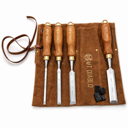 Mt Diablo Woodworking Tools 4 Piece Chisel Set - Premium CV60 Steel Wood Chisel Sets with Ergonomic Handles, Includes 1/4" 1/2" 3/4" 1" Widths - Ideal for Woodworkers - Durable Waxed Canvas Tool Roll