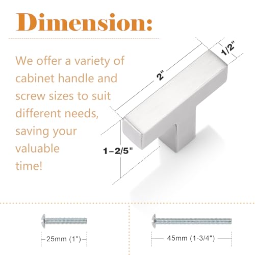 Probrico(5 Pack 2 Inch Stainless Steel Cabinet Knobs Brushed Nickel Finish, Square Kitchen Cabinet Hardware Pulls Single Hole T Bar Knobs - color: Satin Nickel, size: single hole