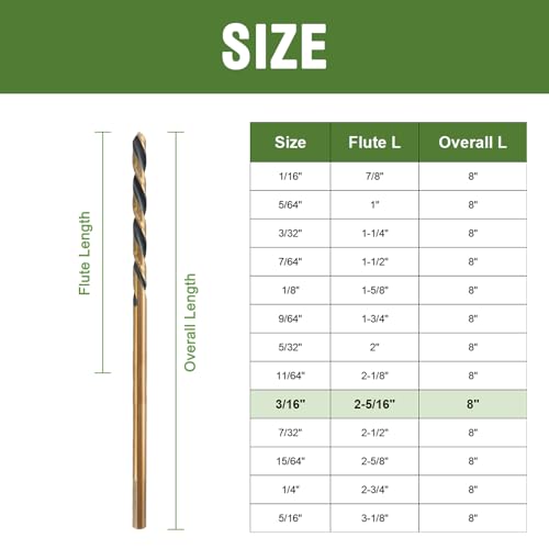 3/16 x 8 Inch Extra Long Drill Bits (3 Pack), Aircraft Drill Bit Black and Gold M2 HSS for Wood, Plastic, Thin Metal Sheet - size: 3/16 in
