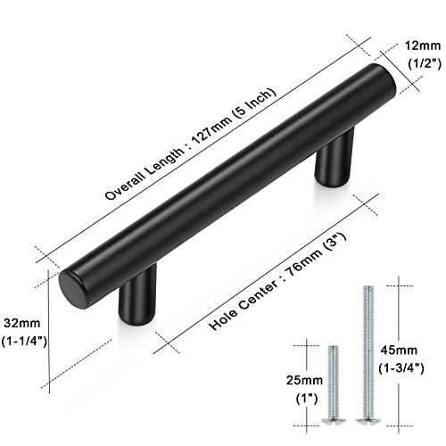 Probrico 5 Pack| Flat Black 3 Inch Center-to-Center Bar Cabinet Pull Modern Cabinet Hardware Kitchen Cabinet T Bar Handles Dresser Pulls, 5 Inch Total Length - color: Black, size: hole center 3"