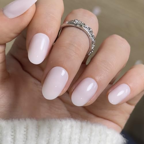 CurvLife Short Oval Nude Press On Nails, Gradient Glow Milky White, Soft Gel - color: A5 - Pure Tint