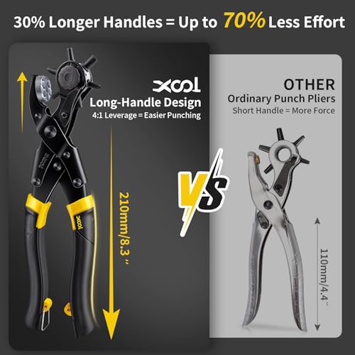 XOOL Round & Oval Leather Hole Punch Set, Upgraded Long Handle Revolving Punch Plier Kit for Belts, Watch Bands, Straps, Dog Collars, Saddles, Shoes, Fabric, DIY Home & Leather Craft Project - style: Pro (Oval & Round)