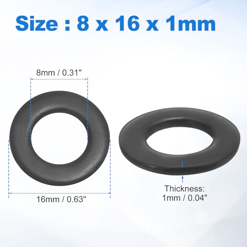 uxcell 75Pcs M8 304 Stainless Steel Flat Washers, ID 8mm, OD 16mm, Thickness 1mm Round Metal Washers for Screws Bolts, Outdoor Construction, Black - size: M8*16*1mm
