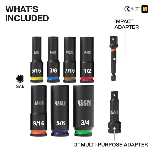Klein Tools 65109IMPCT KNECT Deep-Well 3/8-Inch Drive Impact Socket Set, SAE, 9-Piece Tool Set with Impact Driver Adapter, Multi-Purpose Wrench Adapter, Color-Coded, MODbox Socket Organizer - style: 9-Piece SAE Set