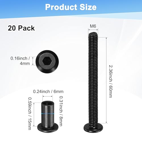 M METERXITY 20-Pack Hex Drive Socket Cap Bolt, M6 x 60mm Carbon Steel Furniture Connector Bolts Barrel Nuts for Furniture Assembly/Cabinet/DIY Binding Post Screws Rivet Fasteners [Black] - size: M6 x 60mm