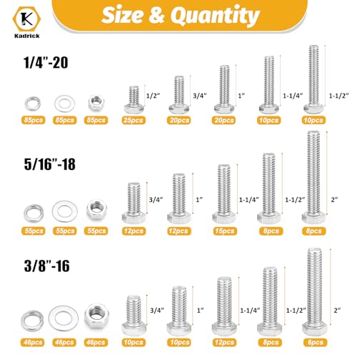 KADRICK 744PCS Stainless Steel Hex Bolt Kit,Size SAE 1/4-20 5/16-18 3/8-16 - size: 744Pcs SAE HEX Stainless