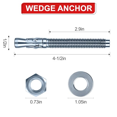 1/2 x 4-1/2 in Wedge Anchors 6 pcs Galvanized Concrete Anchors - size: 1/2 x 4-1/2In