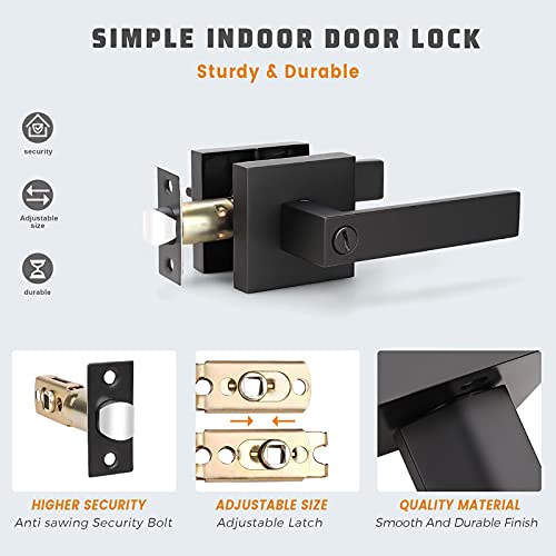 KNOBWELL 8 Pack Matte Black Interior Privacy Door Knob, Bedroom Doorknob with Lock, Square Lever Door Handle, Heavy Duty Black Lever Handle
