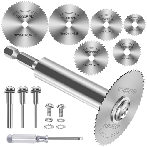 FOTYBEl Cutting Wheel for Drill, Rotary Tool Cutting Discs with 6pcs Steel Saw Blades, 1pc 1/4" Hex Long Shank, 1/4" Round Shank, 2pc 1/8" Round Shank, for Cutting PVC Pipe Wood Plastic Soft Metal - style: Long Shank+Screwdriver