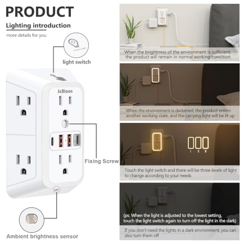 Multi Plug Outlet Surge Protector, 6 Outlet Extender and 4 USB with PD30W USB-C Fast Charging, 3-Sided 1050J Surge Protector Power Strip with Night Light for Home Travel Office-ETL - color: White-30W-1Pcs