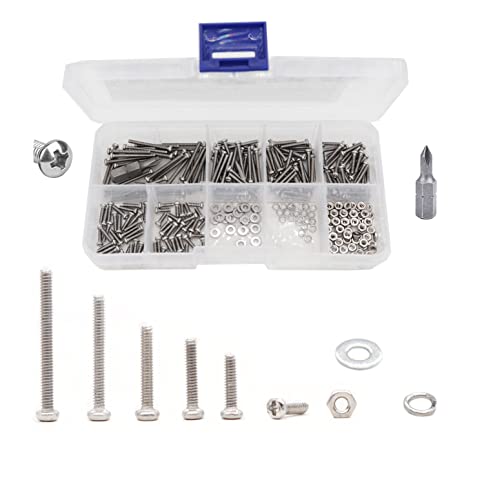 cSeao 480pcs M2 x 6mm / 8mm/ 10mm/ 12mm/ 16mm/ 20mm, Phillips Pan Head Machine Screws Metric Screws Bolts Washers Nuts Kit, 304 Stainless Steel - size: M2