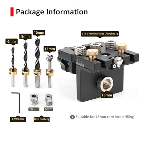 Updated 3 in 1 Woodworking Doweling Jig Kit, Adjustable Woodworking Drilling Locator Puncher Tools, Pocket Hole Jig Drilling Guide Puncher Locator Carpentry Tools (For 15mm Dowel)