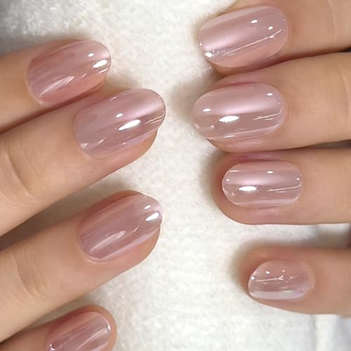 CurvLife Short Oval Chrome Nude Press On Nails, Champagne Pearl, Soft Gel - color: A1 - Champagne Pearl