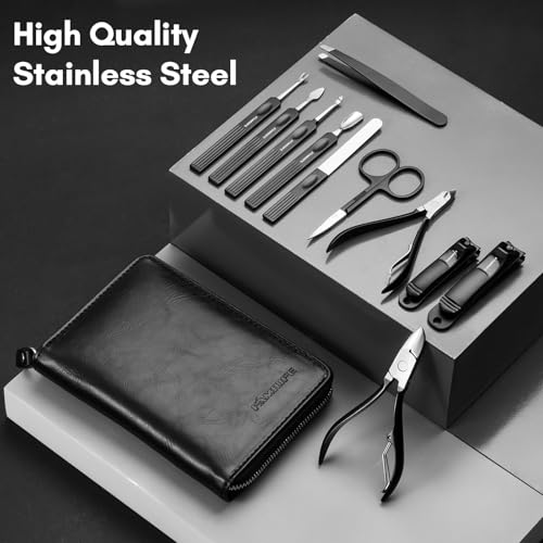 FAMILIFE Stainless Steel Manicure Set 11-in-1 Professional Nail Clipper Kit | Portable Leather Travel Case, Pedicure & Grooming Tools for Fingernails & Toenails, Luxury Gifts for Men & Women, Matte Black - color: Black-1