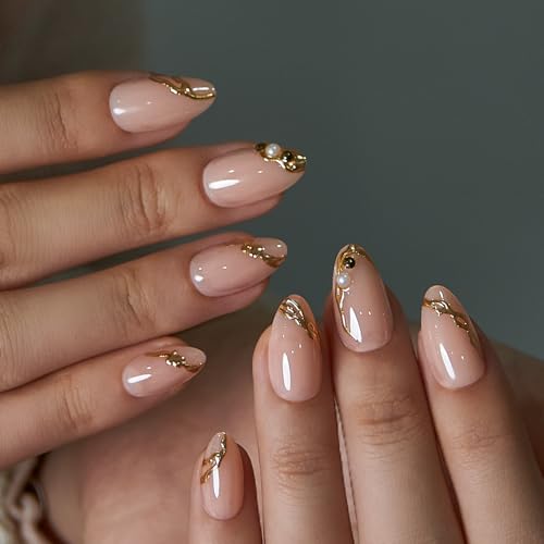 CurvLife Medium Almond 3D Gold Lines Press On Nails, Golden Pearl Lines - color: B3 - Elegant Nude Nails with Gold Accents