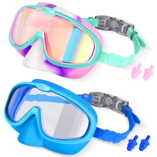Seago Kids Swim Goggles with Nose Cover 2 Pack for 3-14 Anti-Fog Clear View - color: Blue & Cyan