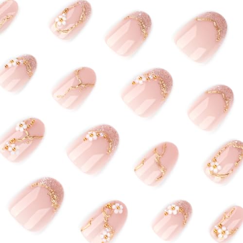 Mivota New Chinese Style 3D White Floral Press On Nails — Soft Nude Translucent Almond Nails with Gold Metal Lines, Pearls & Silver Glitter Accents, Elegant Handmade Bling Nail Set for Women - color: 82-Oval gold thread pearl flower