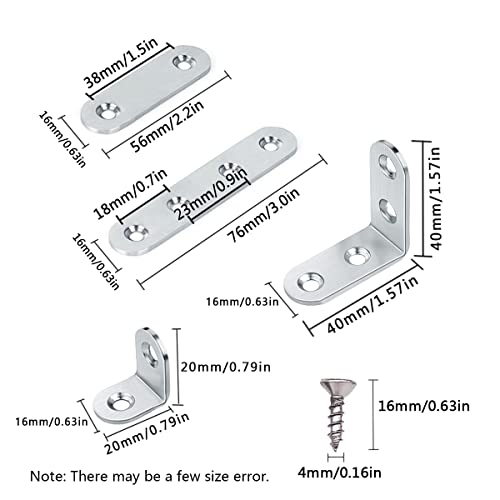 Mending Plate 40 PCS Stainless Steel Straight Joining Brace and Corner Bracket with Screws 2 in 3 in Flat Repairing Fixing Plates with 0.8 in 1.6 in L Shelf Bracket Corner Brace - style: Silver Straight & Corner with Screws
