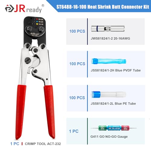 JRready IP68 Environmental Butt Splice Kit 100Sets 20-16AWG AS81824 Aviation Splice Connectors with PVDF and PE Heat Shrink Tubes ACT-232 Butt Splice Crimper G4111 Go No Go Gauge for Automotive Marine - color: 16#Blue-100Sets