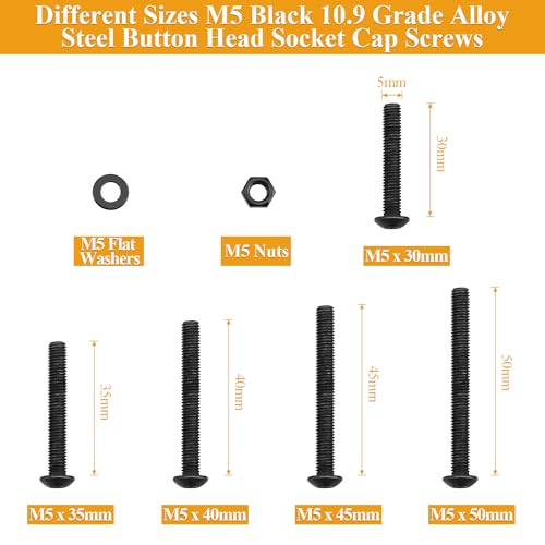 M5 Button Head Socket Cap Screws Nuts Washers Set - 105 Pieces 30/35/40/45/50mm 10.9 Grade Alloy Steel Fully Threaded Black Assortment Kit - size: M5 x 30-50mm, style: Button Head