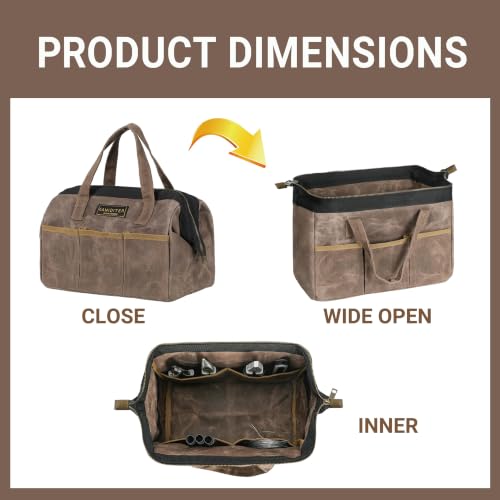 Tool Bag, 13-inch Heavy Duty 16oz Waxed Canvas Wide Mouth Water-Resistant Tool Bag, Tool Tote with Handle for Tools, Wrenches, Screwdrivers (13 X 7 X 9 inch) | Grey - color: Grey, size: 13 Inch
