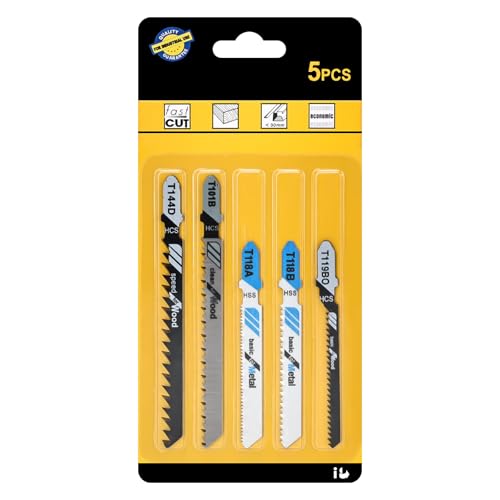5 Piece Jigsaw Blades Set, Assorted T-Handle Jig Saw Blade Kits, Jigsaw Blades Replacement Set for Cutting Wood, Plastic, and Metal(Only Blades)