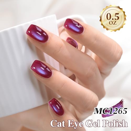 Double Rhythm Jelly Glass Cat Eye Gel Polish with Magnet 15ML Holographic Glitter Shimmer Translucent Sheer Color Magnetic Nail Polish Salon DIY at Home (Burgundy Purple-MC1265) - color: Aurora Burgundy