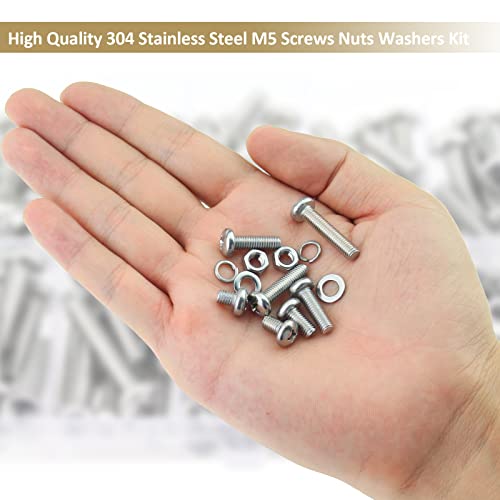 212 Pieces M5 x 6/8 /12/16 /20/25 /30mm Phillips Pan Head Machine Screws Nuts Washers Assortment Kit, 304 Stainless Steel, Fully Machine Thread - size: M5, style: Phillips Pan Head