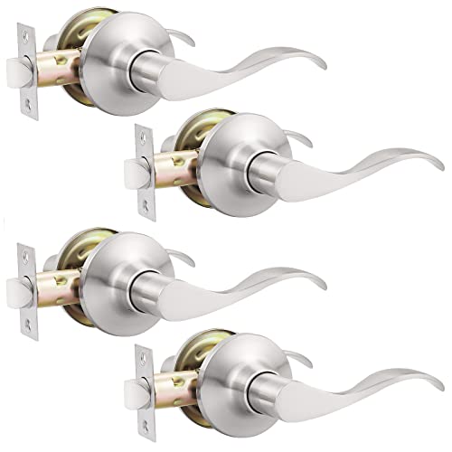 GOBEKOR 4 Pack Passage Door Levers Brushed Nickel Closet Door Handles Keyless Interior Door Handle Lock Wave Reversible Lever Door Handles