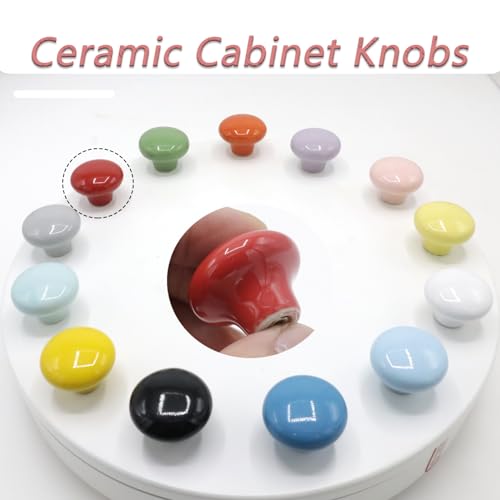 10-Pack Ceramic Cabinet Knobs Red 32mm Round Drawer Pull - color: Red